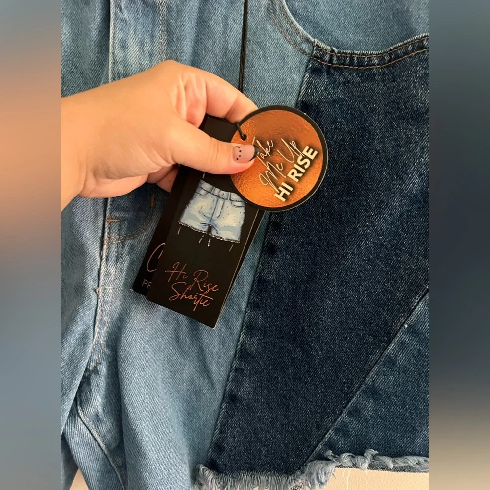 Copper Flash Hi Rise Patchwork Denim Cutoff Shortie Shorts - Picture 2 of 6